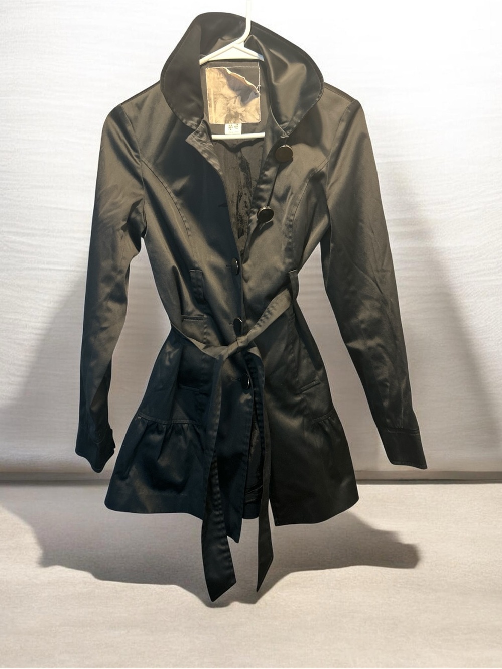 Mac & Jac Black Hooded Trench Coat Jacket Belted Ruffle Hem Women's Size XS